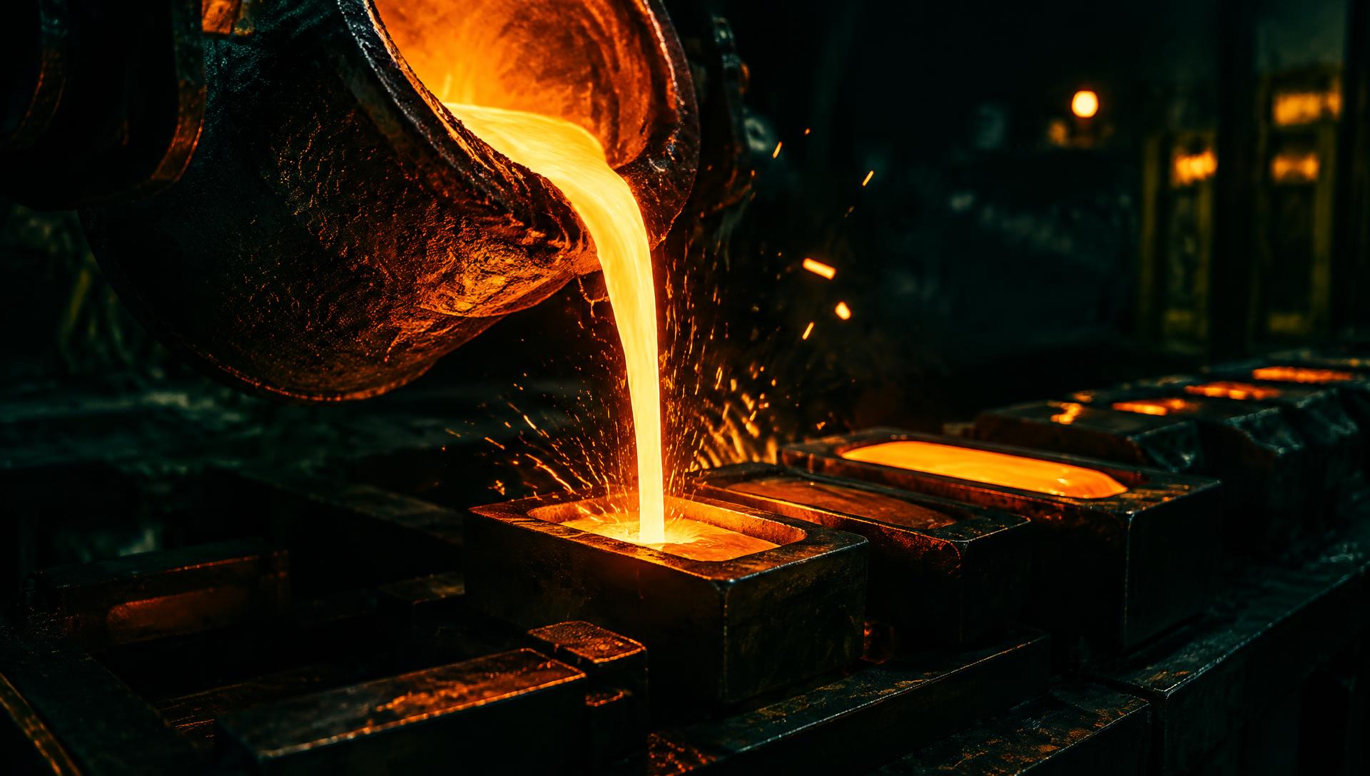 Molten gold being poured during refining